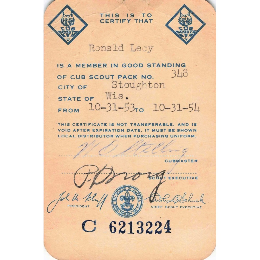Vintage 1953 BSA Cub Scout Registration Card Pack 348 Stoughton WI - Picture 2 of 2